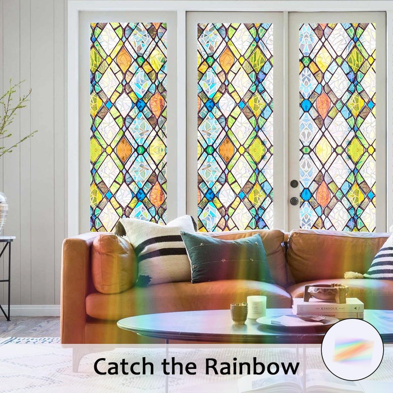 Bectosy Window Privacy Film, Static Cling Stained Glass Window Film Decorative, Non-Adhesive 3D Rainbow Frosting Film Anti-UV for Bathroom Home Door (Colorful, 17.5" x 78.7") - Image 2