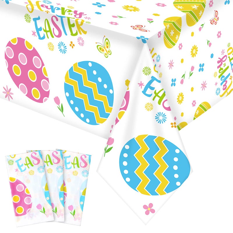Batiyeer 3 Pack Easter Tablecloths 54 x 108 Inch Rectangular Plastic Waterproof Easter Eggs Table Covers for Spring Parties
