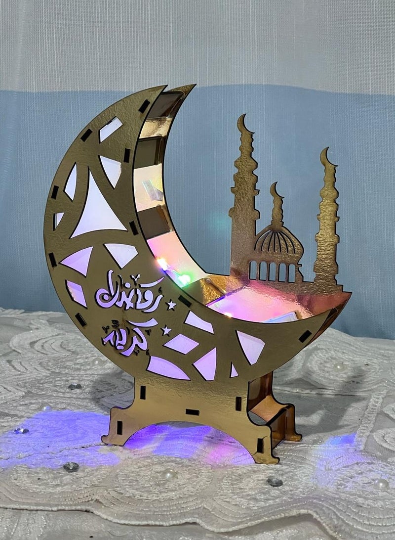 هلال رمضان خشبي مع اضاءة ملونة قابلة للتغيير (حجم وسط) 20*20 سم  - Image 2