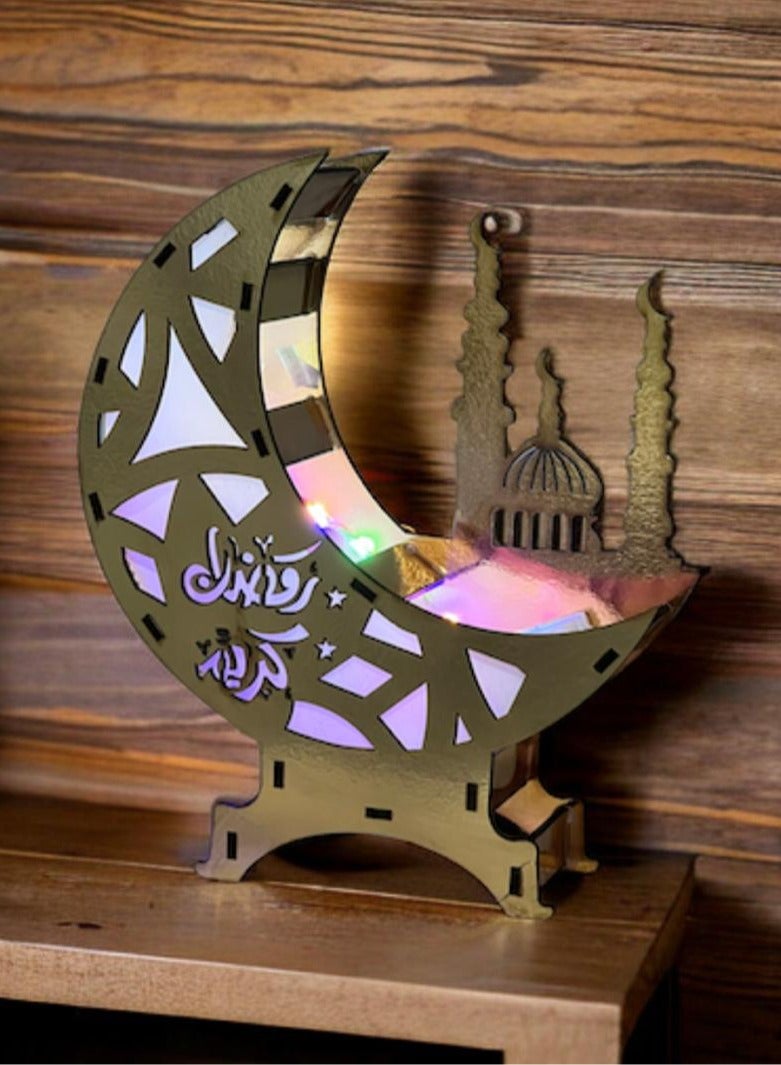 هلال رمضان خشبي مع اضاءة ملونة قابلة للتغيير (حجم وسط) 20*20 سم  - Image 3