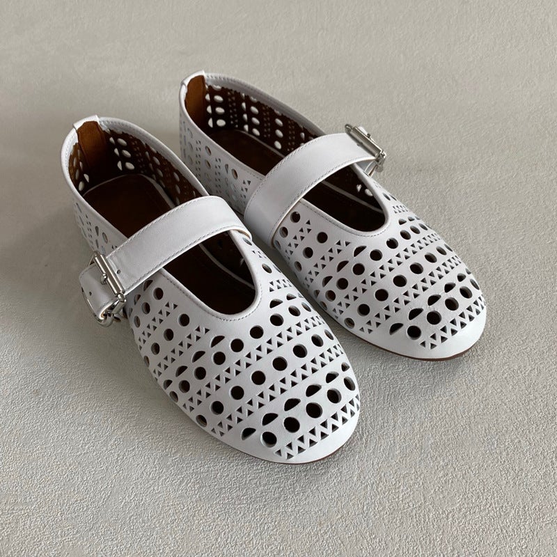 Round Head Shallow Mouth Hollow Fashion Ballet Mary Jane Hole Shoes Women'S Sheepskin Comfortable Breathable All-Match Flat Leather - Image 4