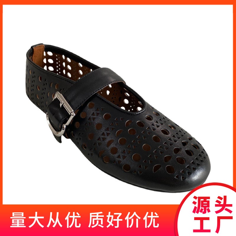 Round Head Shallow Mouth Hollow Fashion Ballet Mary Jane Hole Shoes Women'S Sheepskin Comfortable Breathable All-Match Flat Leather - Image 2