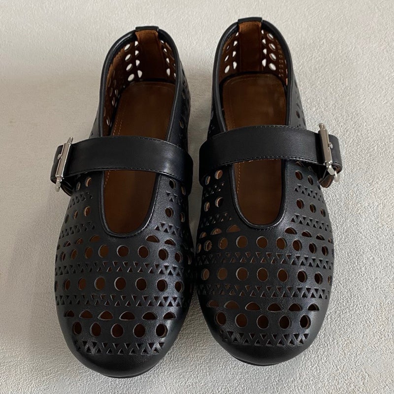 Round Head Shallow Mouth Hollow Fashion Ballet Mary Jane Hole Shoes Women'S Sheepskin Comfortable Breathable All-Match Flat Leather - Image 3