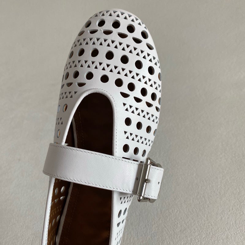 Round Head Shallow Mouth Hollow Fashion Ballet Mary Jane Hole Shoes Women'S Sheepskin Comfortable Breathable All-Match Flat Leather - Image 5