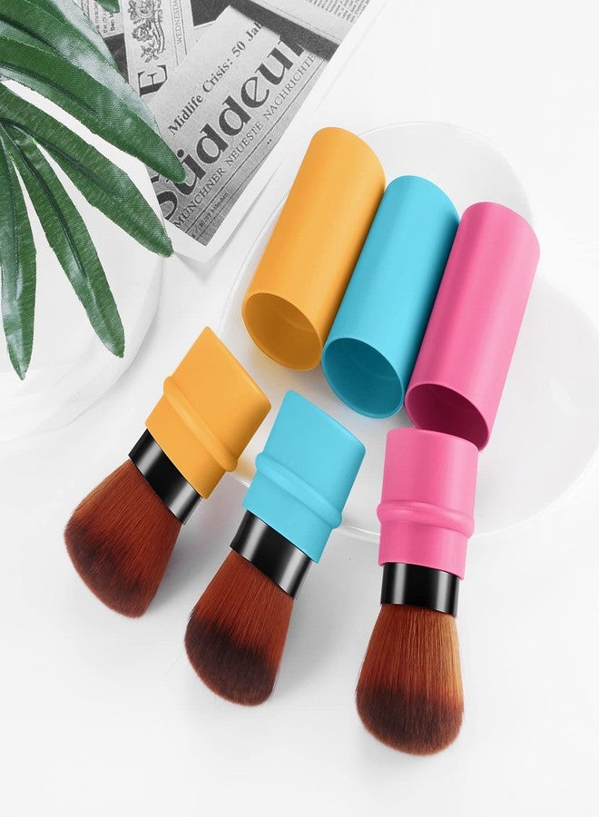 Vtrem Retractable Kabuki Brushes Travel Face Blush Brush Makeup Brush Portable Small Soft Powder Brush with Cover for Blush, Bronzer, Buffing, Flawless Powder, Cosmetics Tool, Blue/Red/Yellow - Image 4
