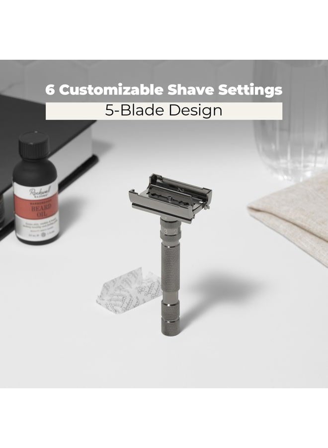 rockwell razors روكويل T2 | ماكينة حلاقة آمنة مزدوجة الحواف بآلية فتح لولبية | معدنية بالكامل | تشمل 5 شفرات فولاذية قابلة لإعادة التدوير بالكامل (كروم رمادي) - Image 4