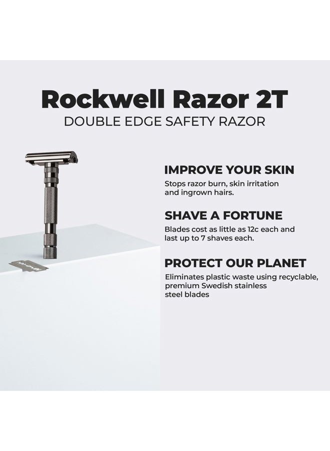 rockwell razors روكويل T2 | ماكينة حلاقة آمنة مزدوجة الحواف بآلية فتح لولبية | معدنية بالكامل | تشمل 5 شفرات فولاذية قابلة لإعادة التدوير بالكامل (كروم رمادي) - Image 3