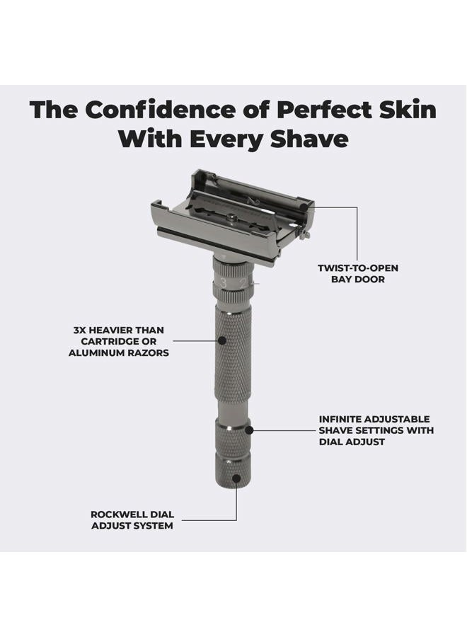 rockwell razors روكويل T2 | ماكينة حلاقة آمنة مزدوجة الحواف بآلية فتح لولبية | معدنية بالكامل | تشمل 5 شفرات فولاذية قابلة لإعادة التدوير بالكامل (كروم رمادي) - Image 2
