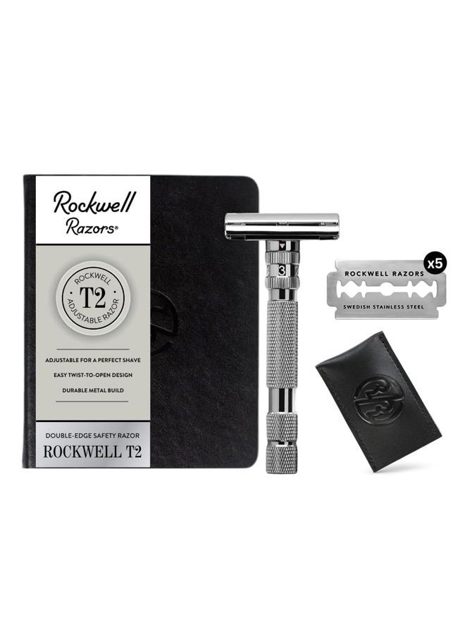 rockwell razors روكويل T2 | ماكينة حلاقة آمنة مزدوجة الحواف بآلية فتح لولبية | معدنية بالكامل | تشمل 5 شفرات فولاذية قابلة لإعادة التدوير بالكامل (كروم رمادي) - Image 1