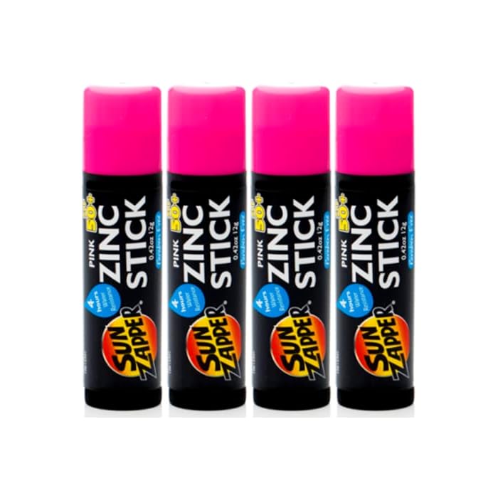 Sun Zapper Zinc Stick Mineral Sunscreen Pink SPF 50+ Water Resistant for Face & Body, Adults, Kids, 4-Pack Broad Spectrum Sun Block, Made in Australia