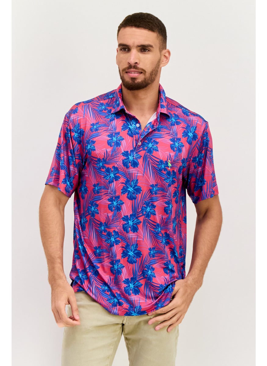 Tailorbyrd Men Regular Fit Short Sleeve Allover Print Polo Shirt, Purple/Blue  - Image 1