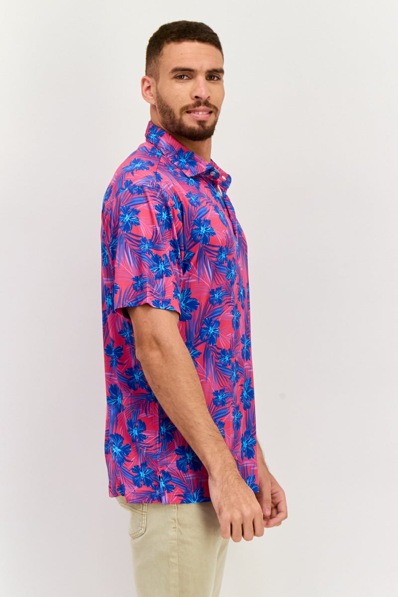 Tailorbyrd Men Regular Fit Short Sleeve Allover Print Polo Shirt, Purple/Blue - Image 4