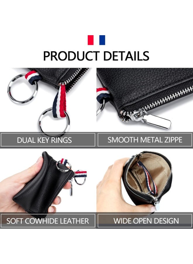 SFENG Leather Coin Purse Wallet, Mini Dual Keyrings Change Pouch Card Holder for Men Women, Black-Standard, Standard - Image 2