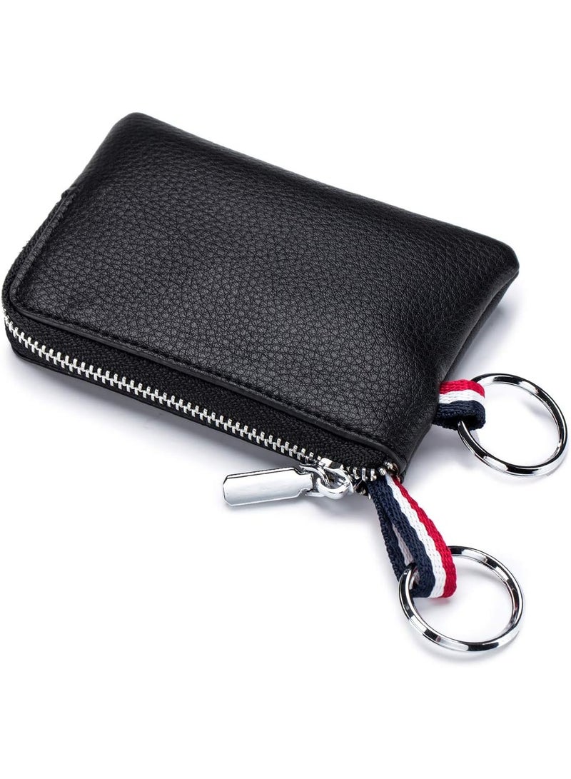 SFENG Leather Coin Purse Wallet, Mini Dual Keyrings Change Pouch Card Holder for Men Women, Black-Standard, Standard - Image 1