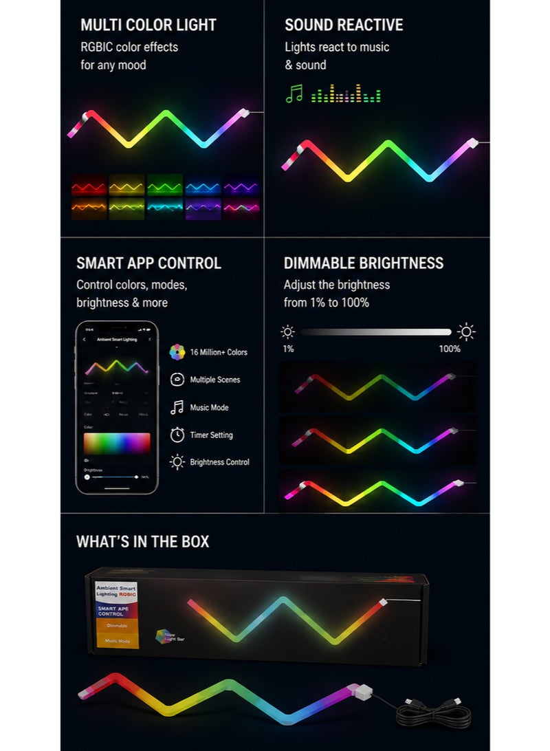 Ambient Smart Lighting RGBIC Light Bar – App Controlled RGB LED Wall Lamp, Music Sync, Dimmable Smart Ambient Light for Gaming Room, Bedroom & Living Room - Image 2