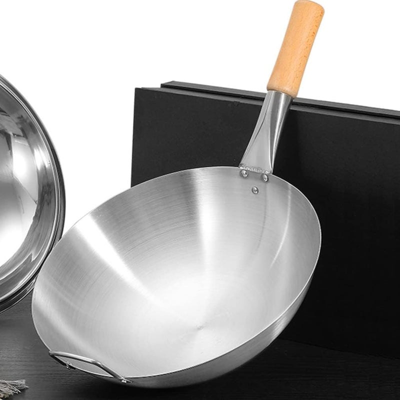 woobles Wok Pan Stainless Steel Stir Fry Pans Wok Frying Wok Pan Induction Stove Wok with Wood Handle Cooking Skillet Cookware for Gas Induction or Electric Stove - Image 3
