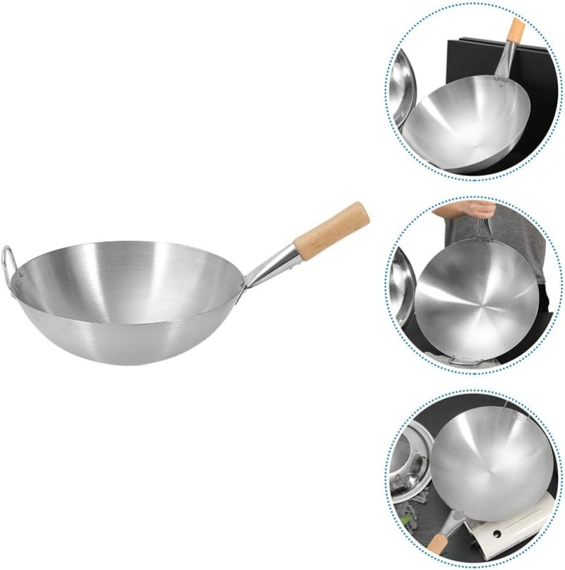 woobles Wok Pan Stainless Steel Stir Fry Pans Wok Frying Wok Pan Induction Stove Wok with Wood Handle Cooking Skillet Cookware for Gas Induction or Electric Stove - Image 2