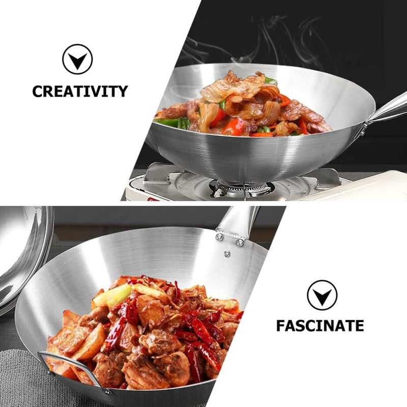 woobles Wok Pan Stainless Steel Stir Fry Pans Wok Frying Wok Pan Induction Stove Wok with Wood Handle Cooking Skillet Cookware for Gas Induction or Electric Stove - Image 5