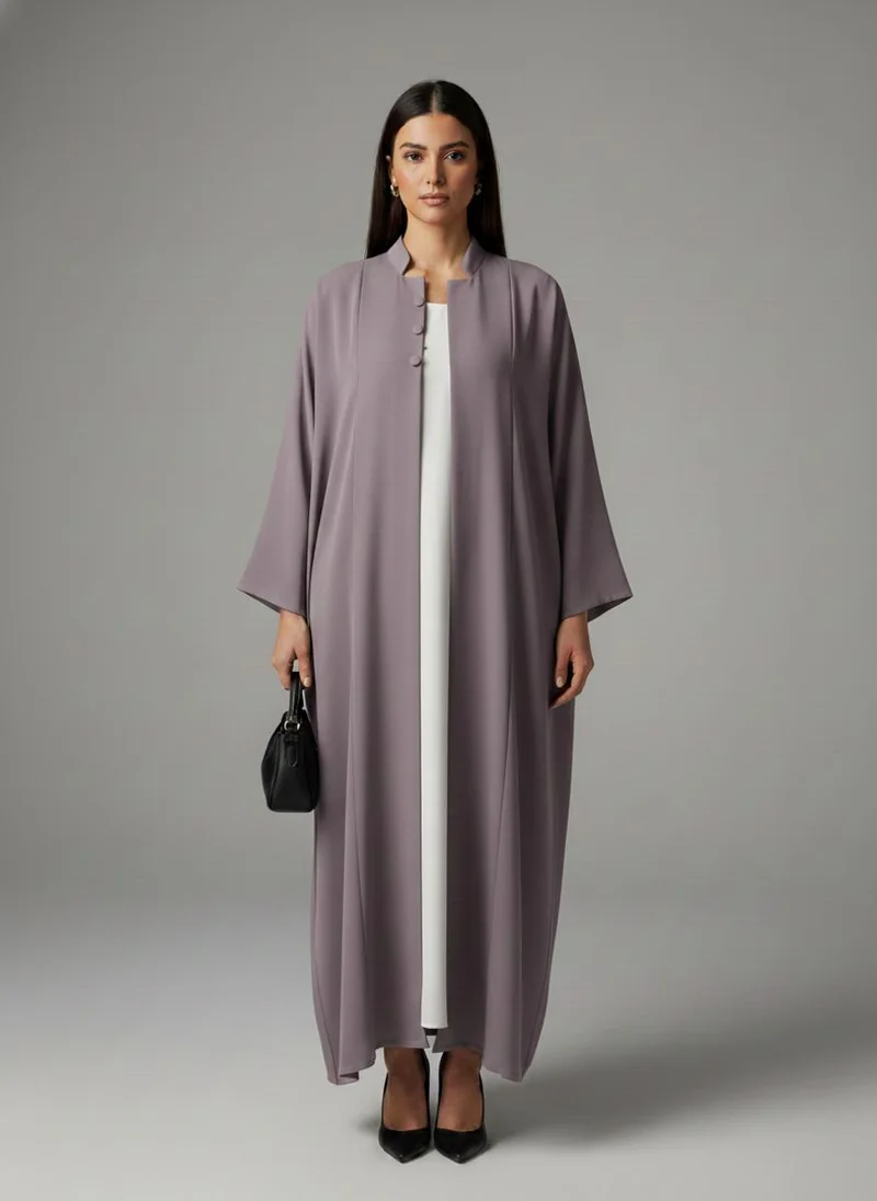 أم سكوير فاشن Signature Korean Nida Purple Open Abaya Minimalist High-Neck Design