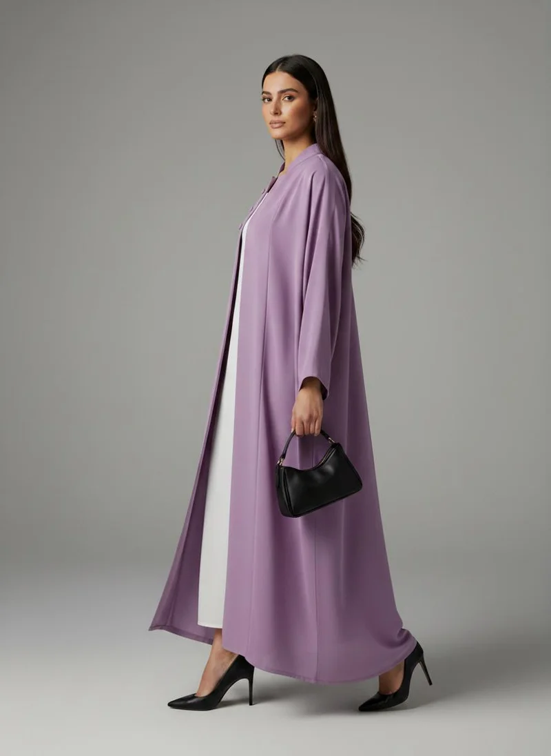 أم سكوير فاشن Signature Korean Nida Purple Open Abaya Minimalist High-Neck Design