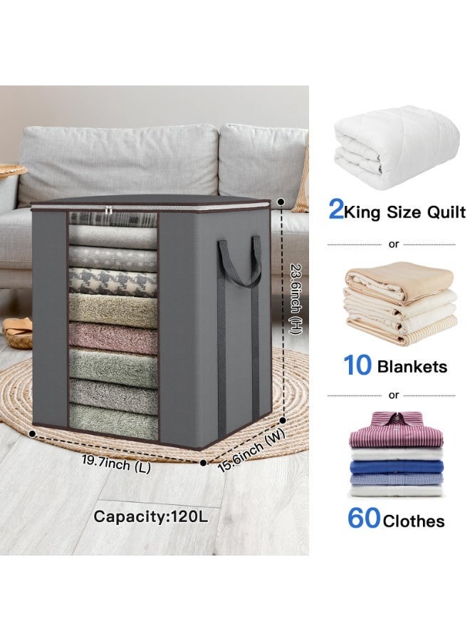 إتش بي إم واي أكياس تخزين بطانيات كبيرة جدًا سعة 120 لترًا، عبوتان من أكياس تخزين اللحاف بمقابض معززة وحاويات تخزين ملابس قابلة للتهوية لأغطية السرير والوسائد والملاءات باللون الرمادي - Image 2