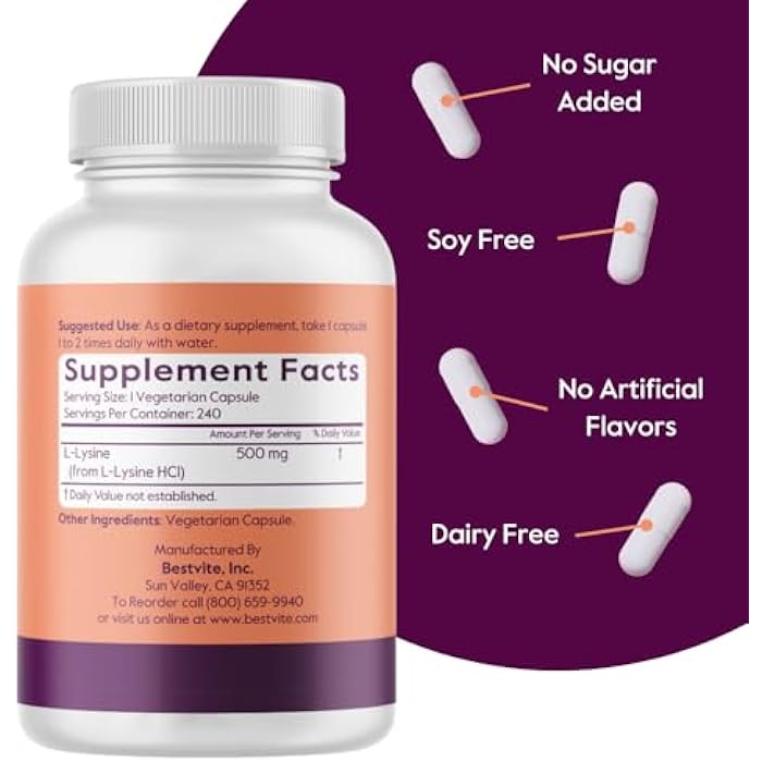 BESTVITE Filler-Free L-Lysine 500mg (240 Veg Capsules) - Vegan - No Stearates or Fillers - Non GMO - Gluten Free - No Dicalcium Phosphate - Amino Acid Supporting Skin, Lip & Immune Health* - Image 3