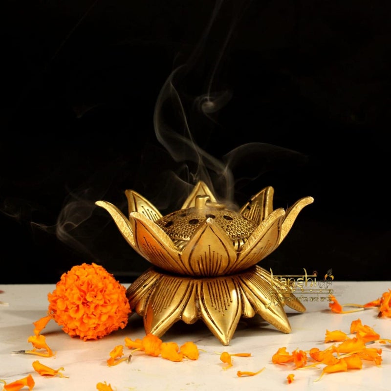 Banshi Handicrafts and Arts Banshi Handicrafts and Arts Lotus Brass Incense Holder Dhoop Dani Temple Diya Incense Burner Diwali Gift Prayer Lamp Religious Decor 