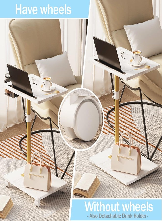 Katrawu TV Tray Table, Adjustable Dinner Trays for Eating Table, 360° Swivel & Sofa Armrest End Side Table, C Shaped Couch Snack Table for Bedroom, Living Room, Small Space(White+Gold) - Image 3