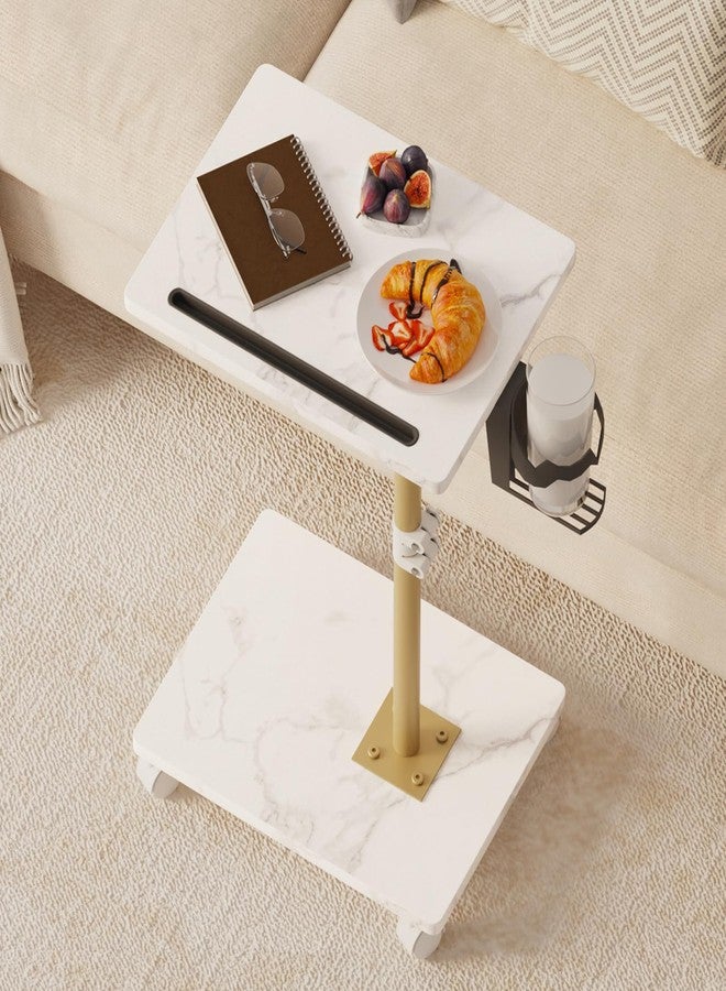 Katrawu TV Tray Table, Adjustable Dinner Trays for Eating Table, 360° Swivel & Sofa Armrest End Side Table, C Shaped Couch Snack Table for Bedroom, Living Room, Small Space(White+Gold) - Image 1