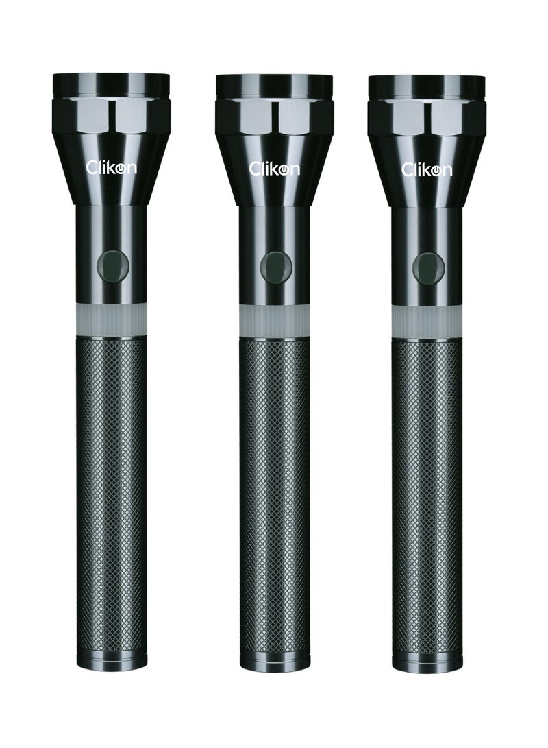 Clikon Combo Pack of 3 Rechargeable LED Flashlight with 2400 mAh Battery, Unbreakable Front Glass, Water Resistant ‘O’ ring, Supersoft Silicone Button, Charge Indicator, 5-Watts, 2 Years Warranty, Bla - Image 1