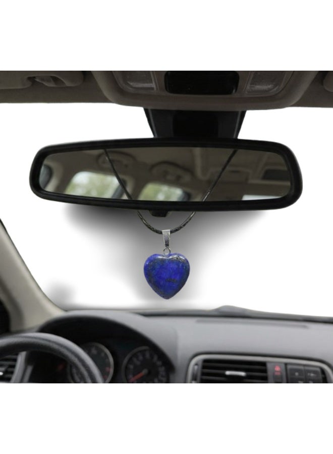 Natural Lapis Lazuli Heart Car Mirror Hanger, Decorative Pendant with Cord, Rearview Mirror Accessory - Image 1