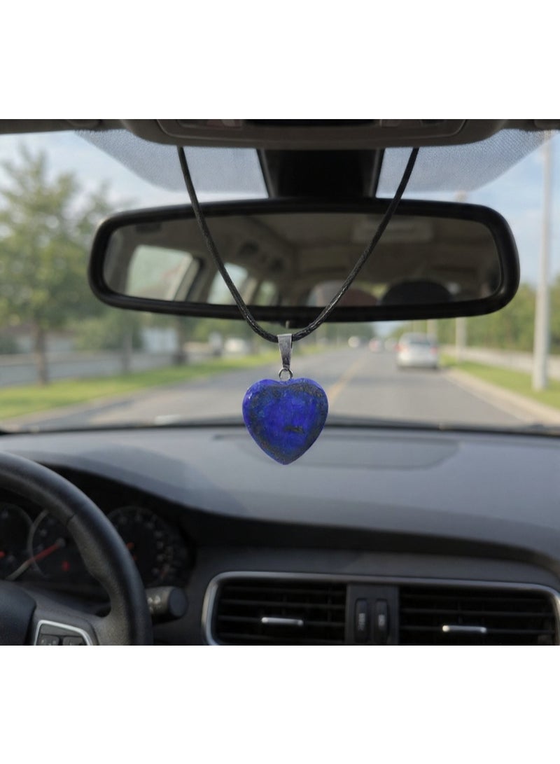 Natural Lapis Lazuli Heart Car Mirror Hanger, Decorative Pendant with Cord, Rearview Mirror Accessory - Image 2