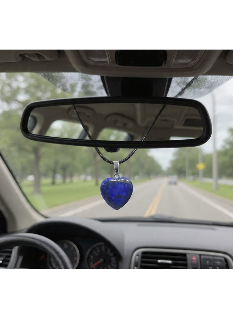 Natural Lapis Lazuli Heart Car Mirror Hanger, Decorative Pendant with Cord, Rearview Mirror Accessory - Image 3