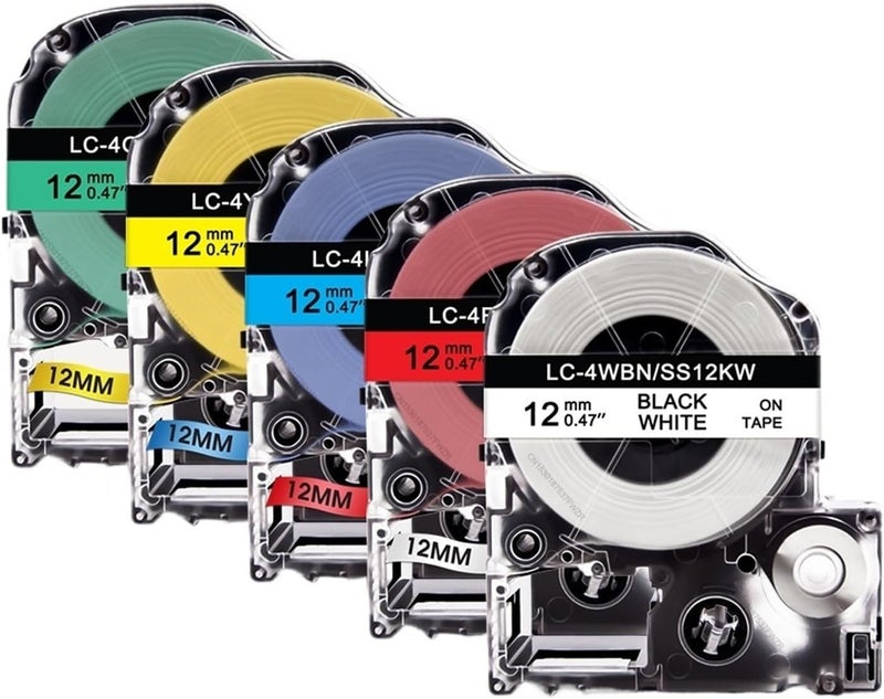متوافق مع طابعات Epson LW-300/LW-400/LW-700 | شريط SS12KW بعرض 12 مم لـ LK-4WBN SC12RW SC12YW SC12BW (ألوان مختلطة) (5 قطع) - Image 1