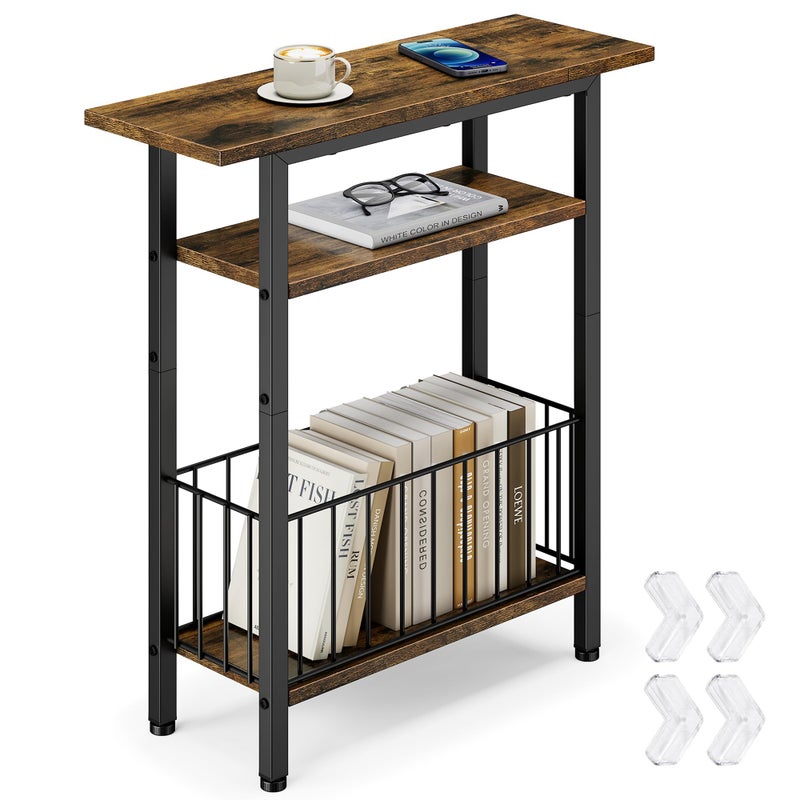 Vagusicc طاولة جانبية ضيقة من فاجوسي 3 طبقات لطاولة نهاية رفيعة للأريكة طاولات جانبية صغيرة للمساحات الصغيرة طاولة جانبية بجانب السرير مع تخزين 252 طاولة ليلية رفيعة لغرفة المعيشة وغرفة النوم بني ريفي