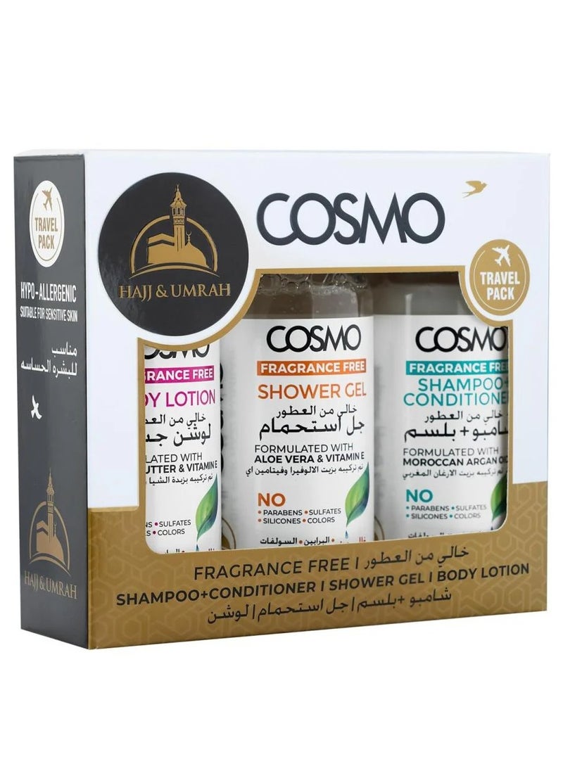 كوزمو - مجموعة الحج والعمرة شامبو مع بلسم بدون عطر 100 مل جل استحمام 100 مل لوشن للجسم 100 مل - Image 1