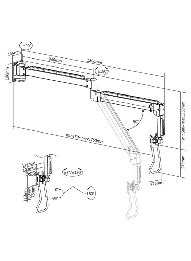 Skill Tech ذراع شاشة مفردة مثبتة على الحائط بمدى طويل جداً - SH34 112. - Image 5