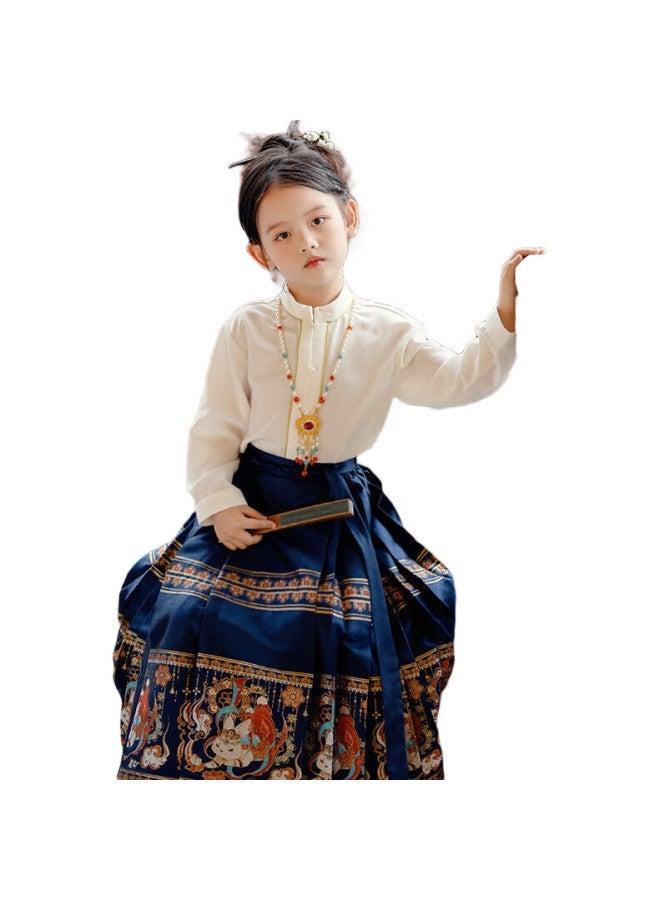 Cute Ni Huang Girls' Horse Face Dress Children'S Hanfu Ming Dynasty Parent-Child Outfit Blue Horse Face Dress 120 - Image 1