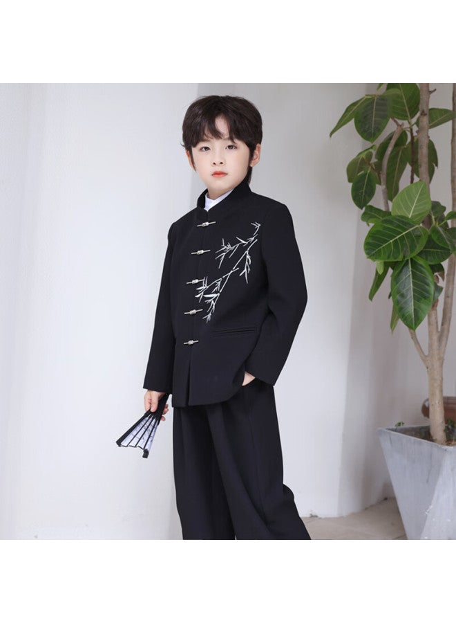 Luobobeibei Boys' New Chinese Style Ethnic Wind Coat Children's National Style Tang Suit Performance Costume Black Two-piece Set 140 - Image 4