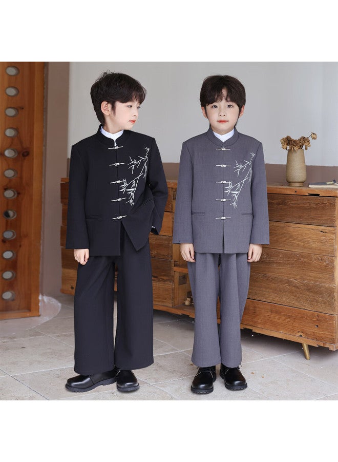 Luobobeibei Boys' New Chinese Style Ethnic Wind Coat Children's National Style Tang Suit Performance Costume Black Two-piece Set 140 - Image 2