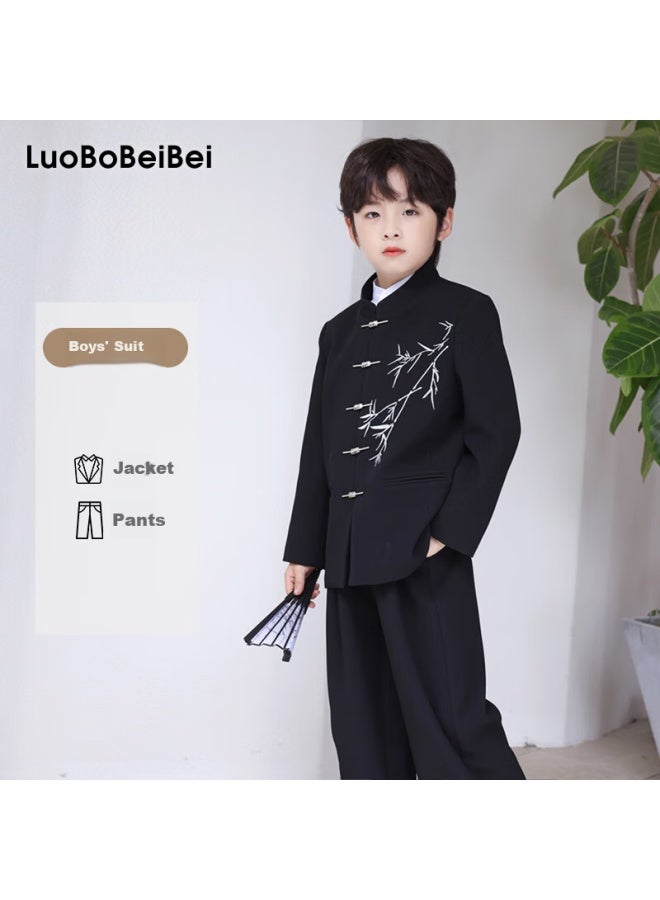 Luobobeibei Boys' New Chinese Style Ethnic Wind Coat Children's National Style Tang Suit Performance Costume Black Two-piece Set 140 - Image 1