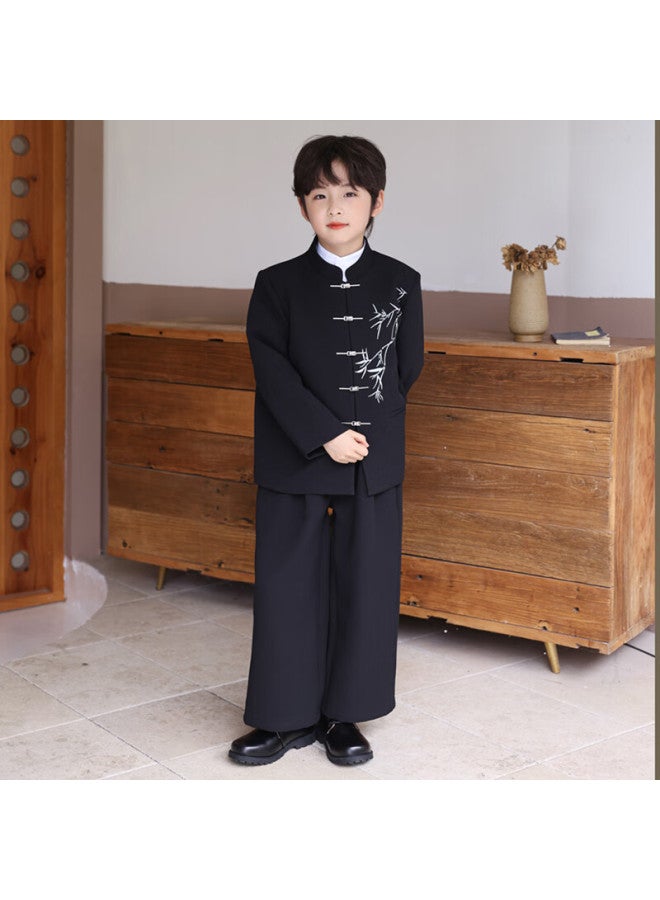 Luobobeibei Boys' New Chinese Style Ethnic Wind Coat Children's National Style Tang Suit Performance Costume Black Two-piece Set 140 - Image 3