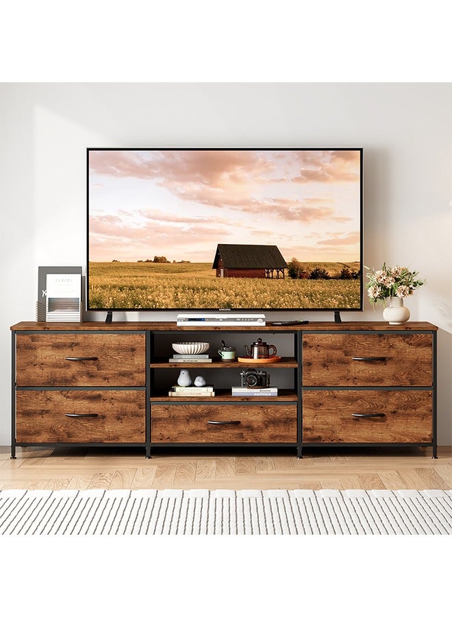 سولاكان حامل تلفزيون مع أدراج، طاولة كونسول تلفزيون بثلاثة طوابق من الخشب، مناسب للتلفزيونات حتى 65 بوصة، مركز ترفيه مع رفوف مفتوحة ومساحات تخزين، خزانة لحامل التلفزيون لغرفة المعيشة. - Image 5