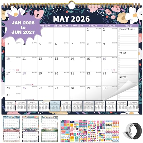 EYROZILL Calendar 2026-2027 Planner Wall Hanging Spiral Bound 18-Month Calendars with Stickers and Magstrip Marble (15" × 12") - Image 1