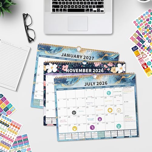 EYROZILL Calendar 2026-2027 Planner Wall Hanging Spiral Bound 18-Month Calendars with Stickers and Magstrip Marble (15" × 12") - Image 5