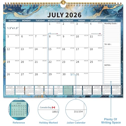 EYROZILL Calendar 2026-2027 Planner Wall Hanging Spiral Bound 18-Month Calendars with Stickers and Magstrip Marble (15" × 12") - Image 2