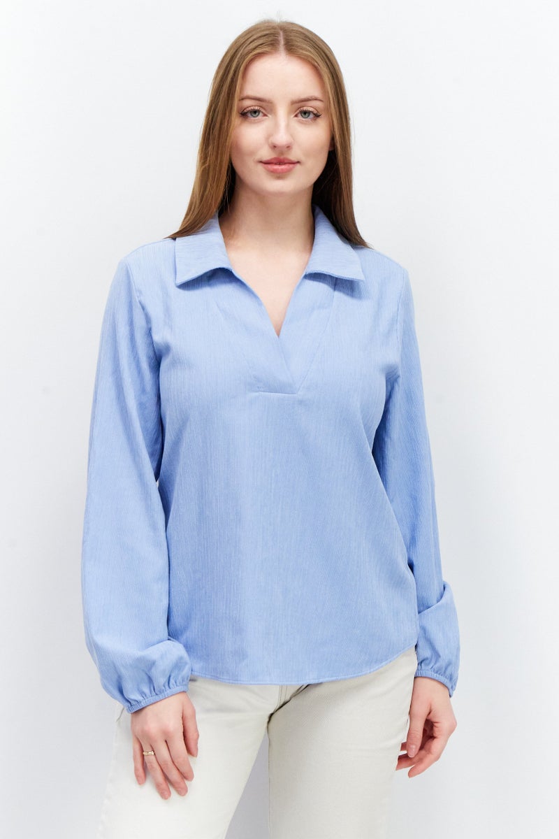 Tchibo Women Spread Collar Long Sleeve Textured Top, Blue  - Image 1