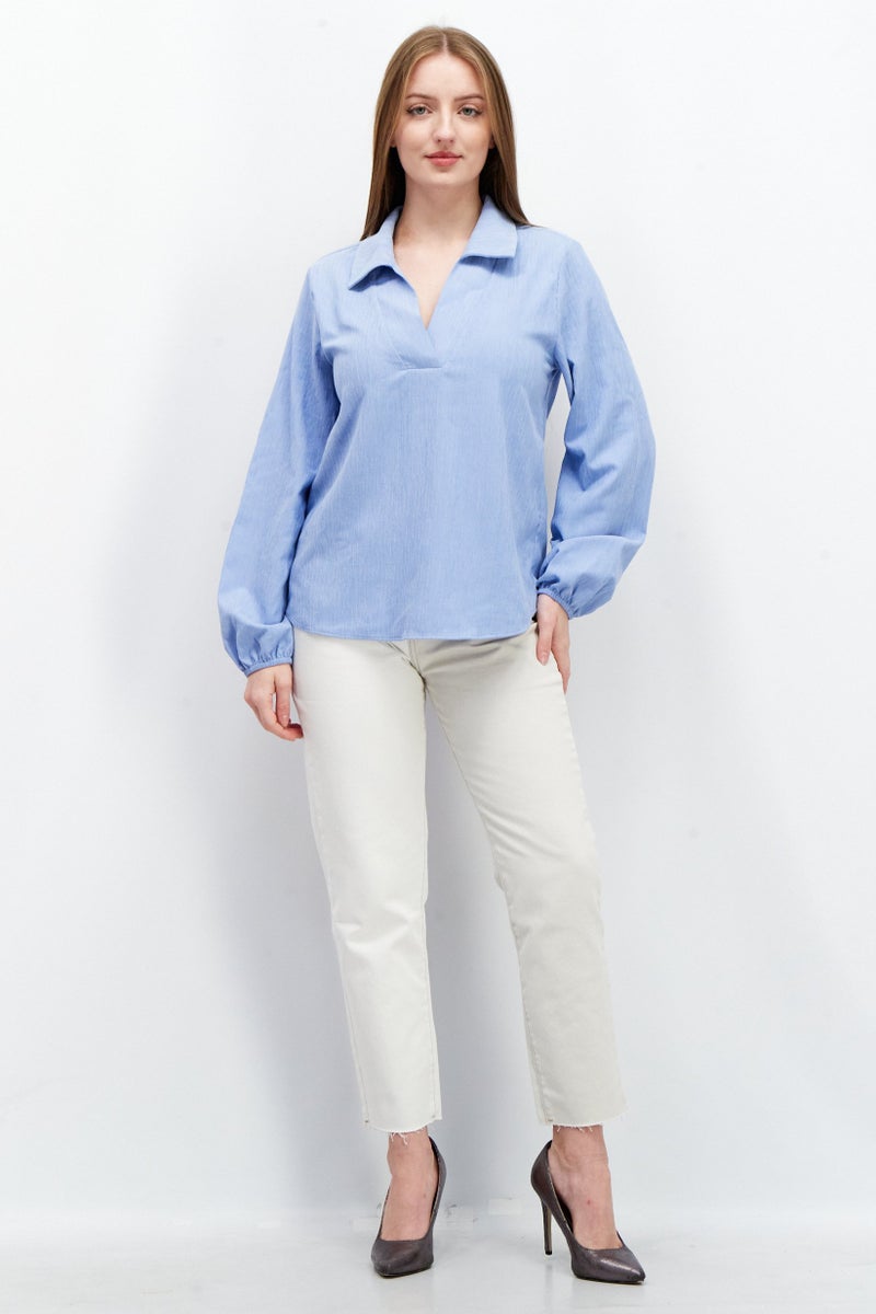 Tchibo Women Spread Collar Long Sleeve Textured Top, Blue  - Image 2