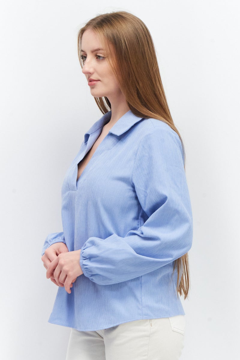 Tchibo Women Spread Collar Long Sleeve Textured Top, Blue  - Image 3