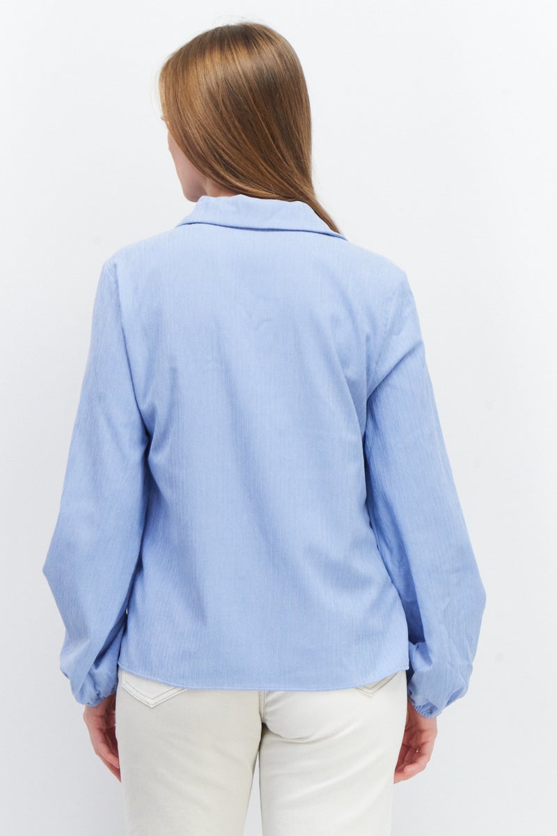 Tchibo Women Spread Collar Long Sleeve Textured Top, Blue  - Image 4